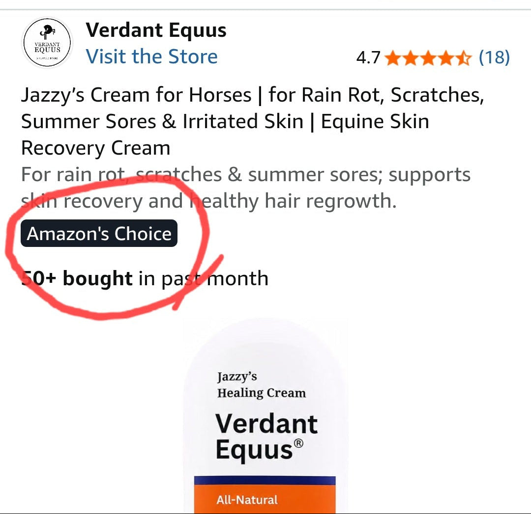 A screenshot of an Amazon product page for Verdant Equus Jazzy's Cream for Horses, showing the white bottle with an orange label and the 'Amazon's Choice' badge highlighted with a red circle.